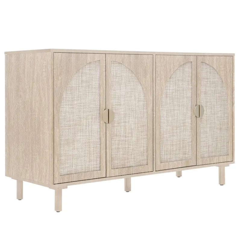 Buffet 4 portes avec panneaux en rotin arqués et pieds en bois massif
