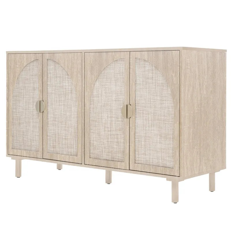 Buffet 4 portes avec panneaux en rotin arqués et pieds en bois massif
