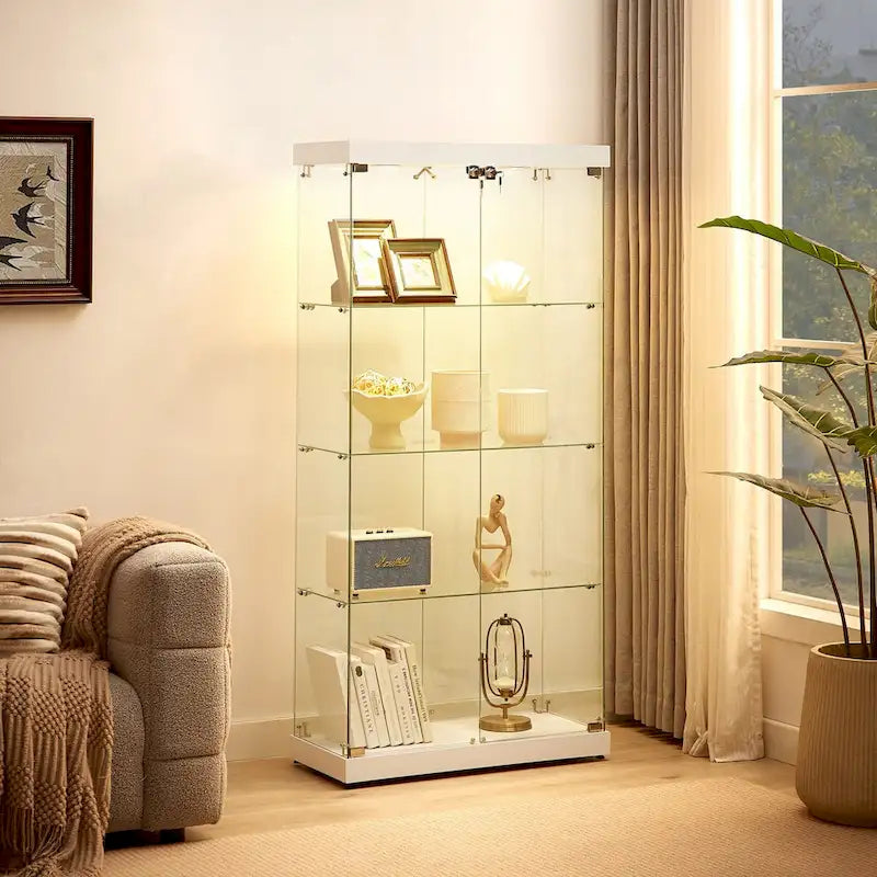 Vitrine en verre sur pied à 4 niveaux avec éclairage LED et portes verrouillables
