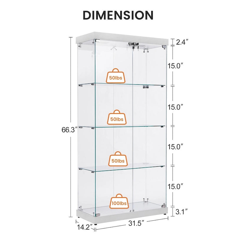 Vitrine en verre sur pied à 4 niveaux avec éclairage LED et portes verrouillables
