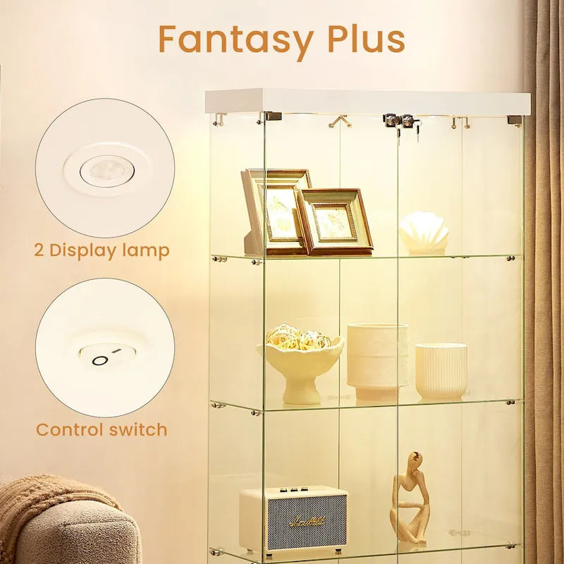 Vitrine en verre sur pied à 4 niveaux avec éclairage LED et portes verrouillables