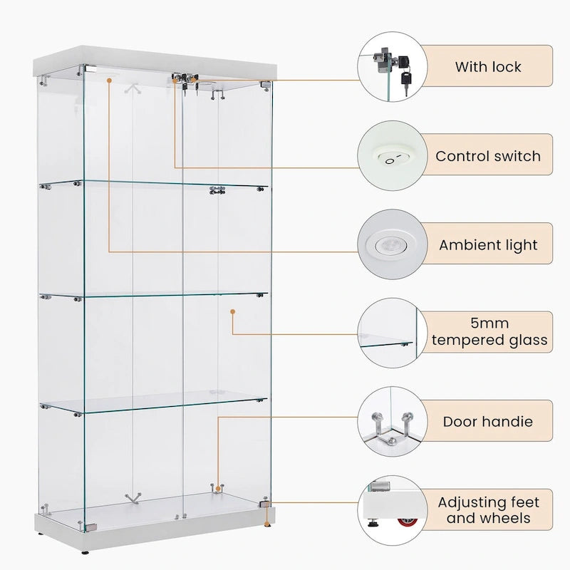 Vitrine en verre sur pied à 4 niveaux avec éclairage LED et portes verrouillables