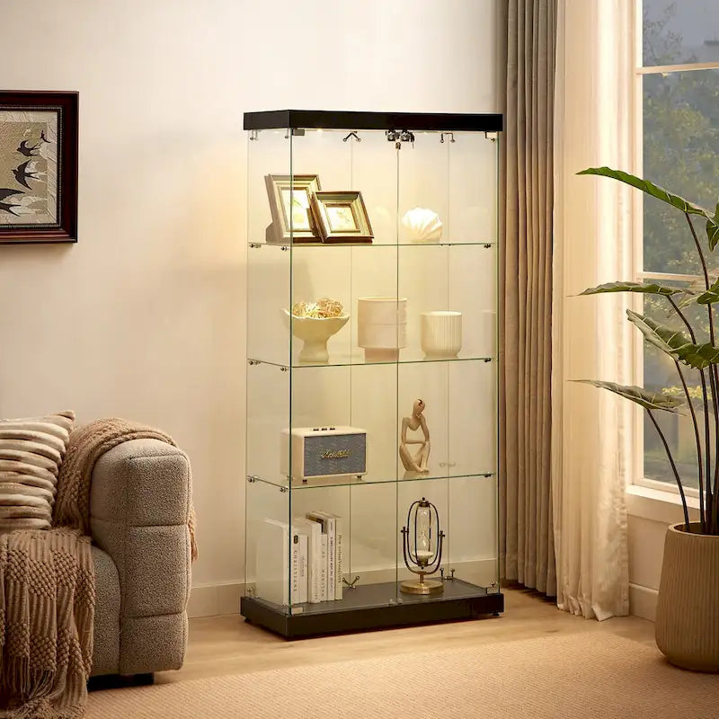 Vitrine en verre sur pied à 4 niveaux avec éclairage LED et portes verrouillables