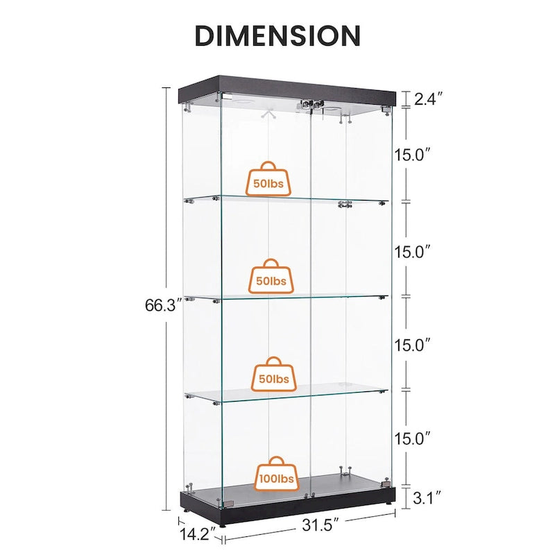 Vitrine en verre sur pied à 4 niveaux avec éclairage LED et portes verrouillables