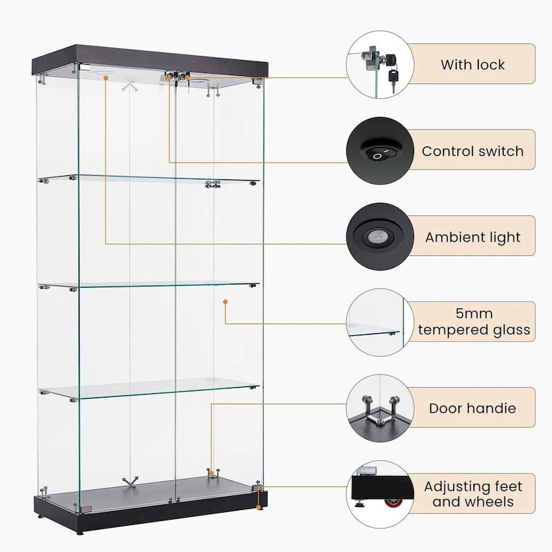 Vitrine en verre sur pied à 4 niveaux avec éclairage LED et portes verrouillables