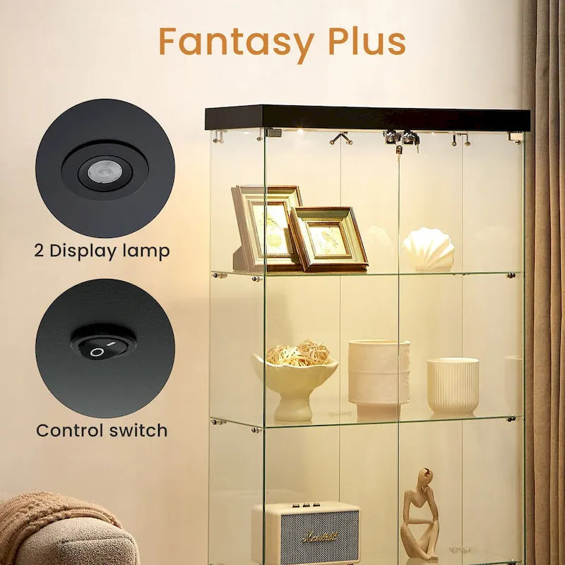 Vitrine en verre sur pied à 4 niveaux avec éclairage LED et portes verrouillables