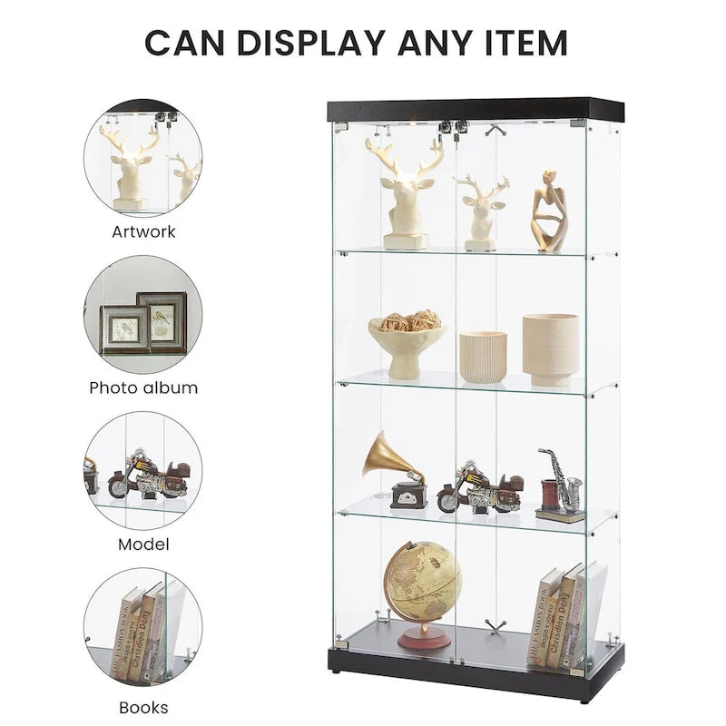 Vitrine en verre sur pied à 4 niveaux avec éclairage LED et portes verrouillables