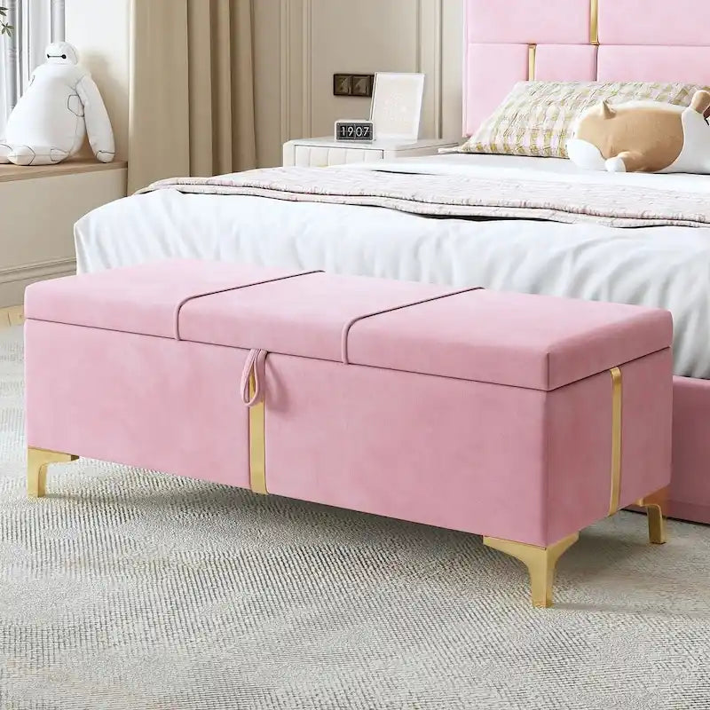Banc de rangement large en PU avec couvercle à charnière et pieds en métal doré