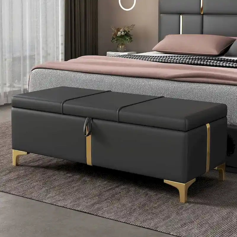 Banc de rangement large en PU avec couvercle à charnière et pieds en métal doré