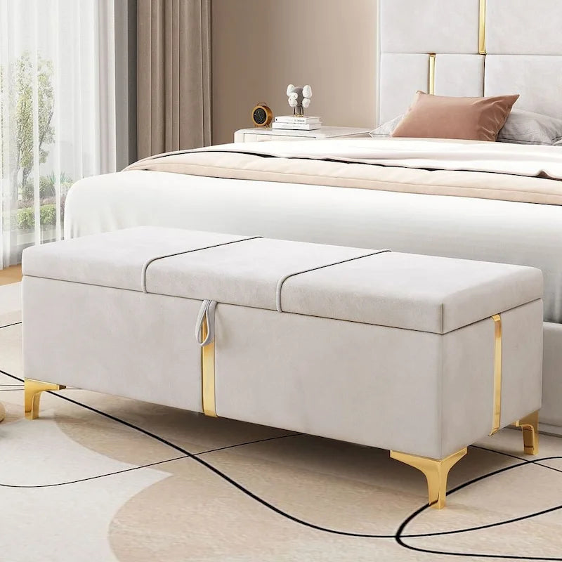 Banc de rangement large en PU avec couvercle à charnière et pieds en métal doré
