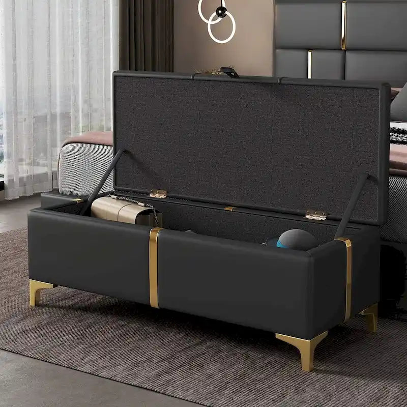 Banc de rangement large en PU avec couvercle à charnière et pieds en métal doré