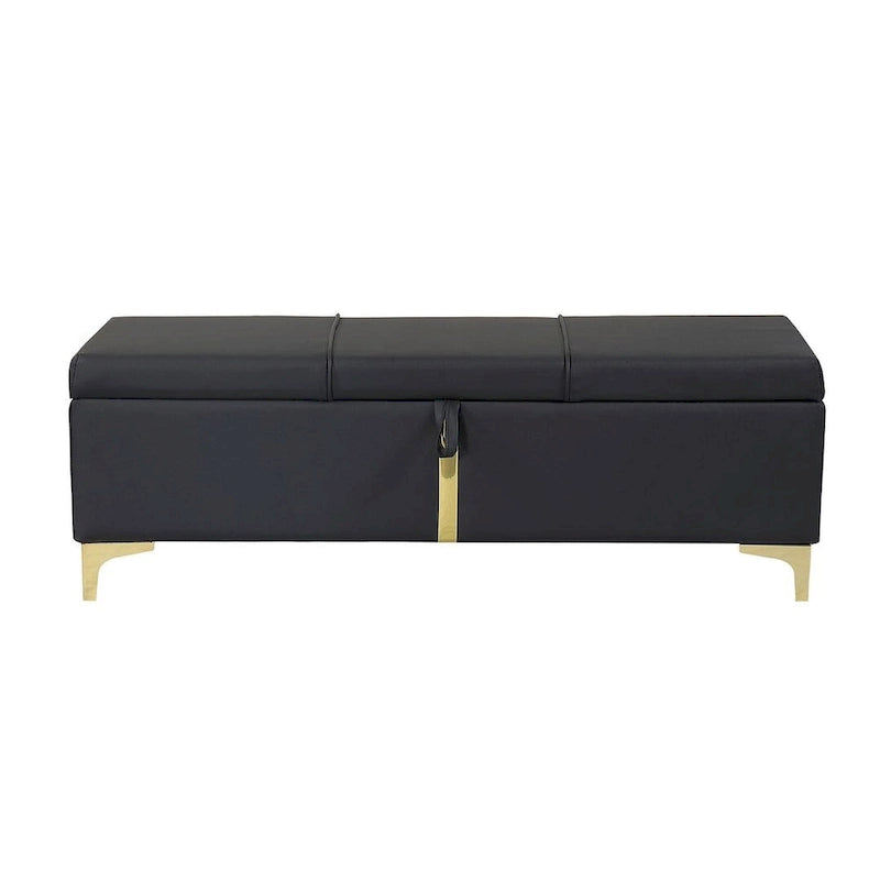 Banc de rangement large en PU avec couvercle à charnière et pieds en métal doré