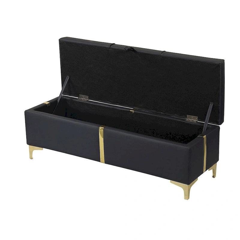Banc de rangement large en PU avec couvercle à charnière et pieds en métal doré