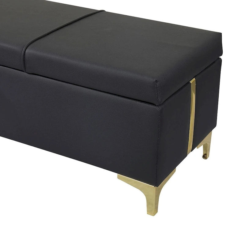 Banc de rangement large en PU avec couvercle à charnière et pieds en métal doré