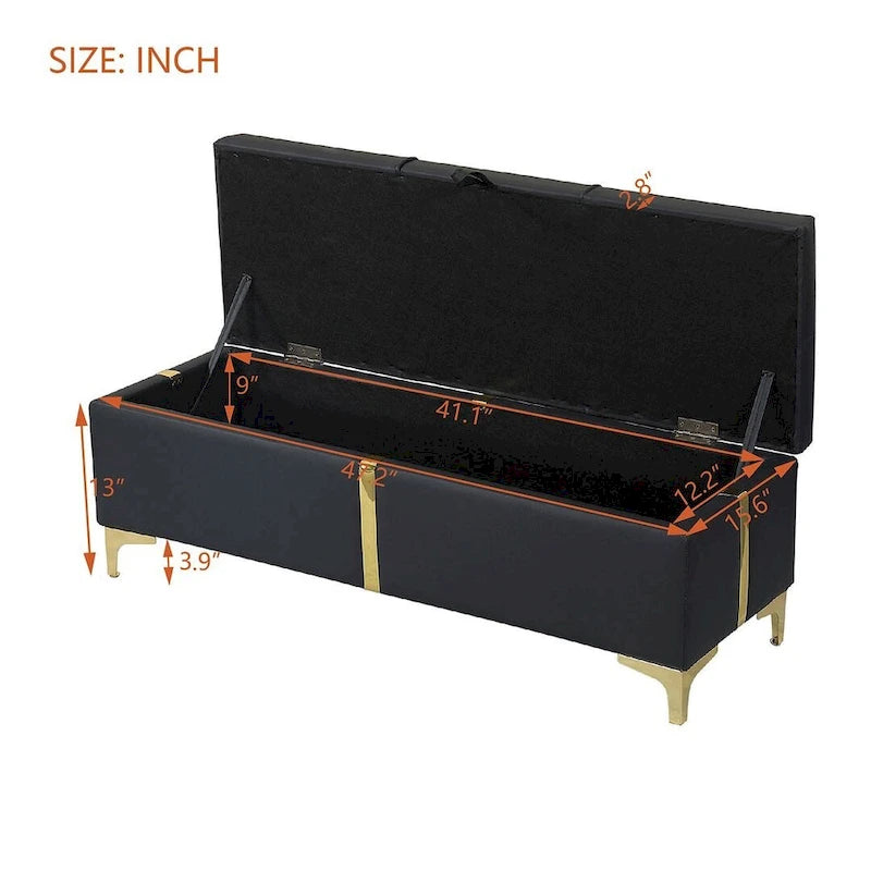 Banc de rangement large en PU avec couvercle à charnière et pieds en métal doré