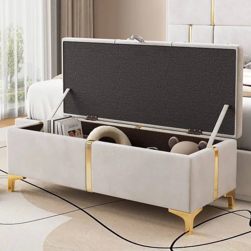 Banc de rangement large en PU avec couvercle à charnière et pieds en métal doré