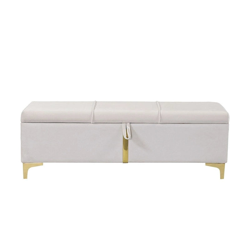 Banc de rangement large en PU avec couvercle à charnière et pieds en métal doré