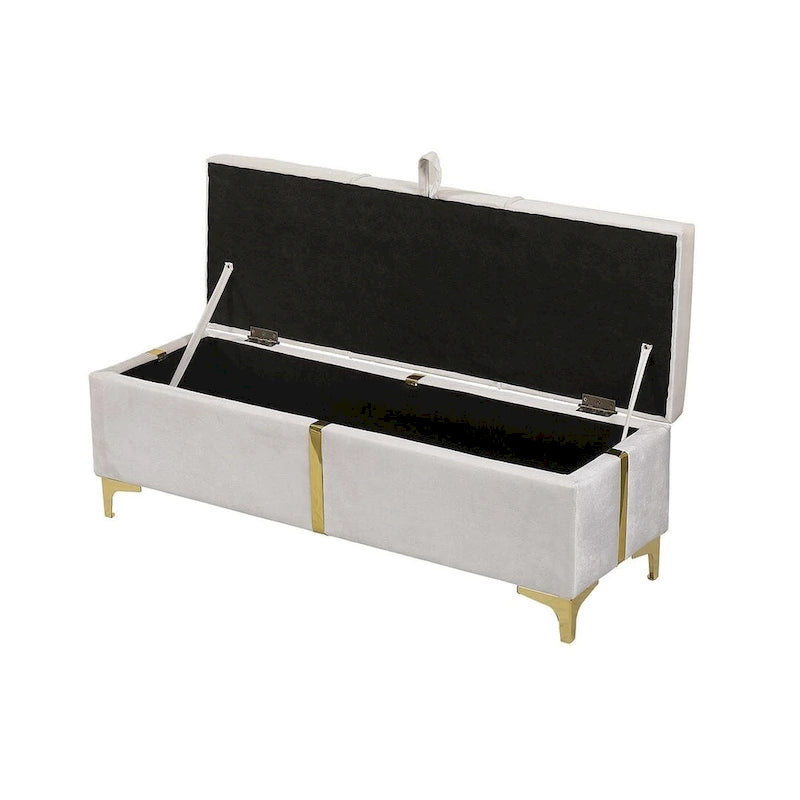 Banc de rangement large en PU avec couvercle à charnière et pieds en métal doré