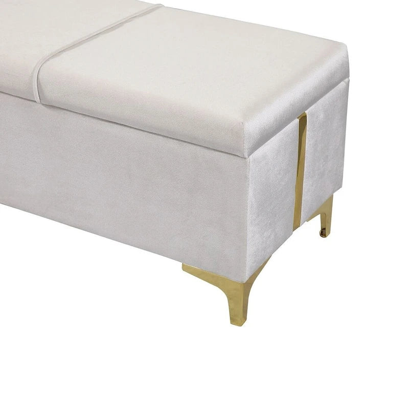 Banc de rangement large en PU avec couvercle à charnière et pieds en métal doré