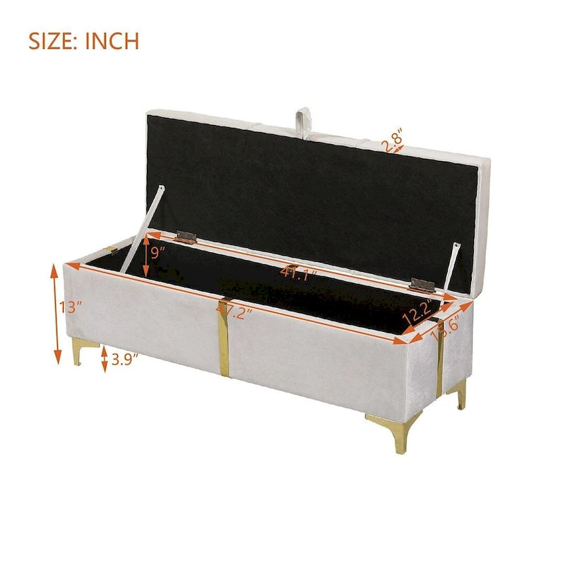 Banc de rangement large en PU avec couvercle à charnière et pieds en métal doré