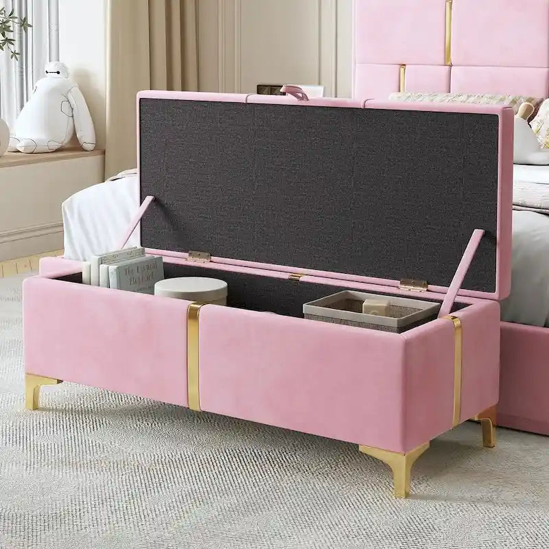 Banc de rangement large en PU avec couvercle à charnière et pieds en métal doré