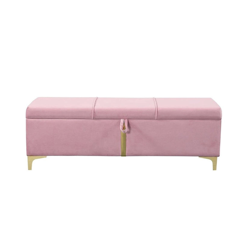 Banc de rangement large en PU avec couvercle à charnière et pieds en métal doré