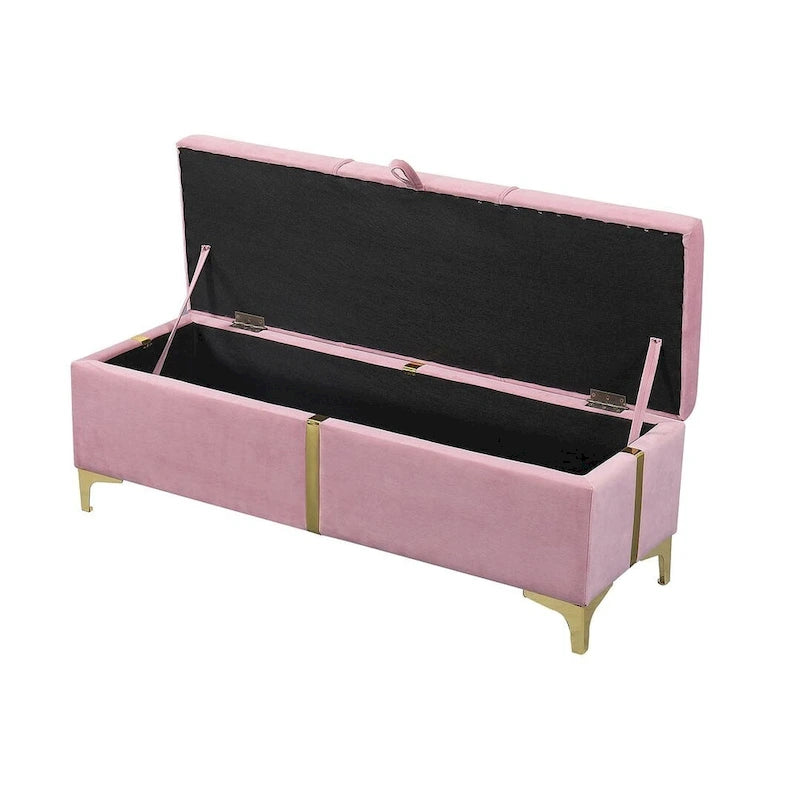 Banc de rangement large en PU avec couvercle à charnière et pieds en métal doré