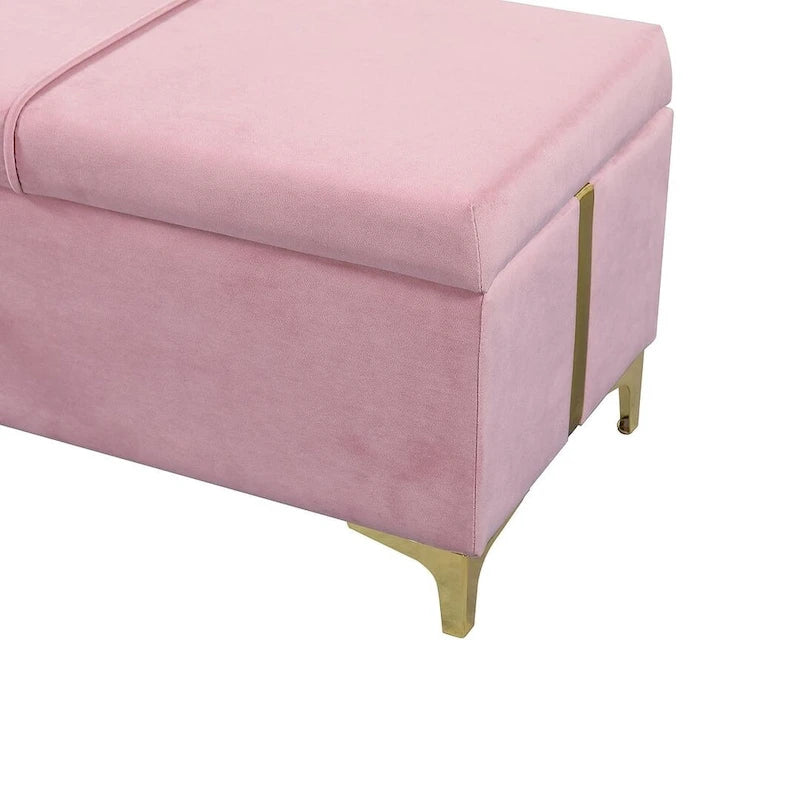 Banc de rangement large en PU avec couvercle à charnière et pieds en métal doré
