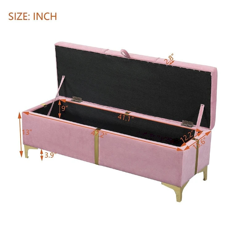 Banc de rangement large en PU avec couvercle à charnière et pieds en métal doré