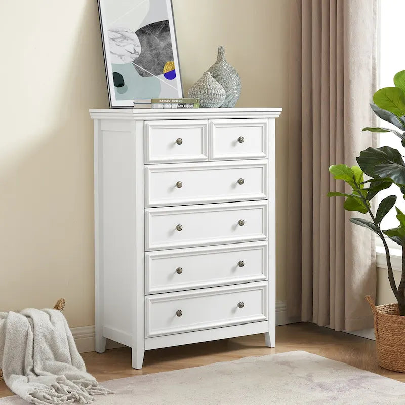 Commode haute traditionnelle à 6 tiroirs avec finition grain de bois et poignées sculptées