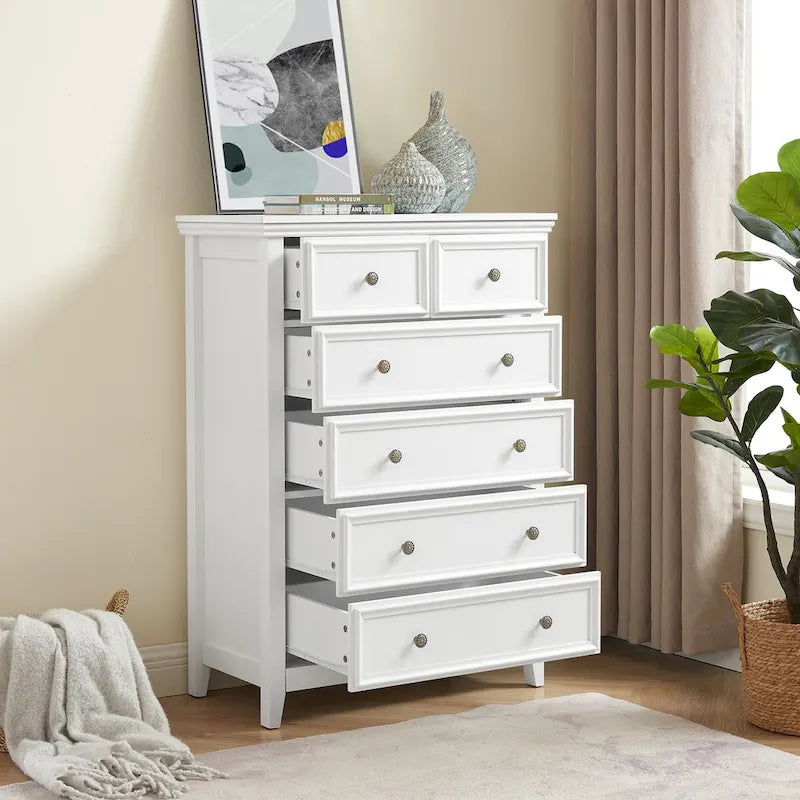 Commode haute traditionnelle à 6 tiroirs avec finition grain de bois et poignées sculptées
