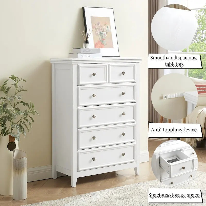 Commode haute traditionnelle à 6 tiroirs avec finition grain de bois et poignées sculptées