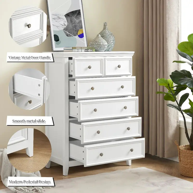 Commode haute traditionnelle à 6 tiroirs avec finition grain de bois et poignées sculptées