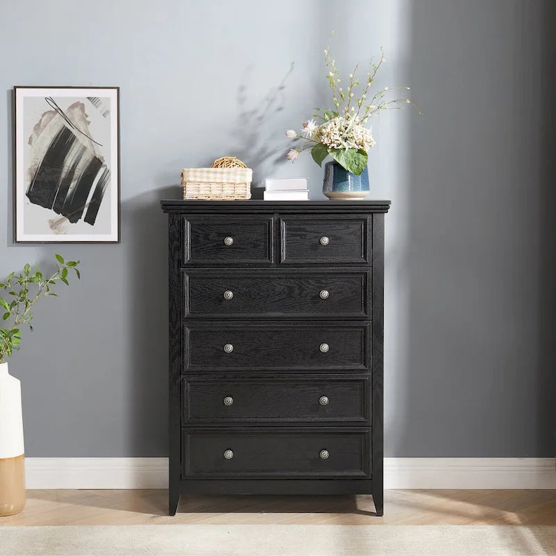 Commode haute traditionnelle à 6 tiroirs avec finition grain de bois et poignées sculptées