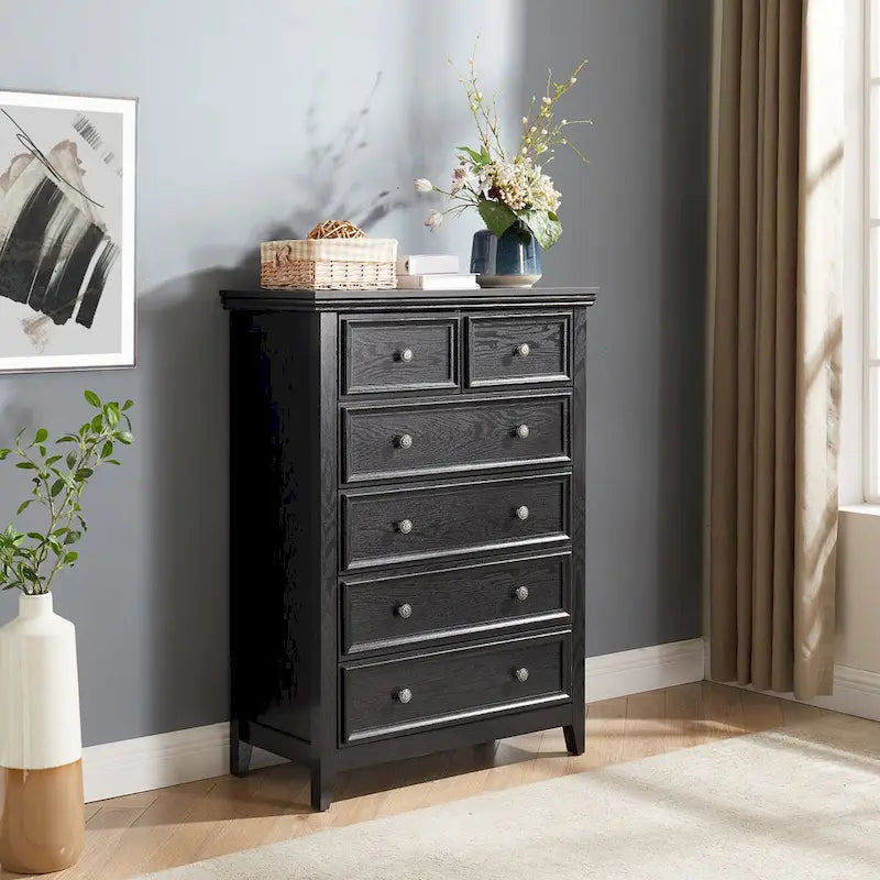 Commode haute traditionnelle à 6 tiroirs avec finition grain de bois et poignées sculptées