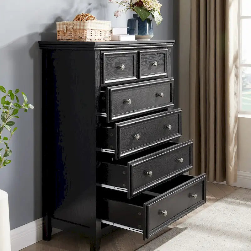 Commode haute traditionnelle à 6 tiroirs avec finition grain de bois et poignées sculptées