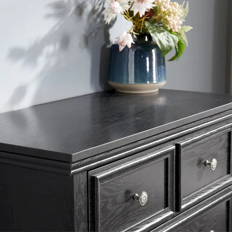 Commode haute traditionnelle à 6 tiroirs avec finition grain de bois et poignées sculptées