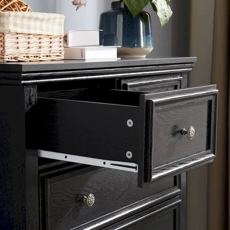 Commode haute traditionnelle à 6 tiroirs avec finition grain de bois et poignées sculptées