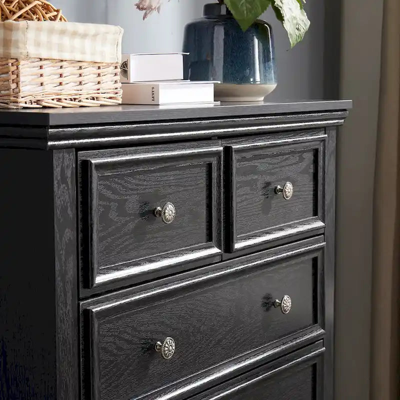 Commode haute traditionnelle à 6 tiroirs avec finition grain de bois et poignées sculptées