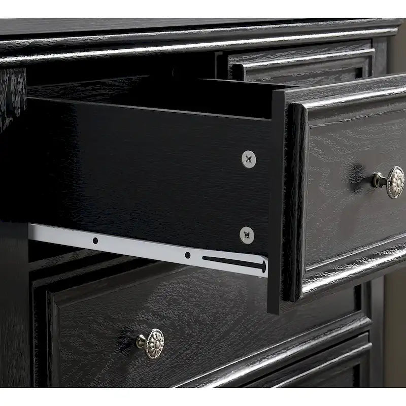 Commode haute traditionnelle à 6 tiroirs avec finition grain de bois et poignées sculptées