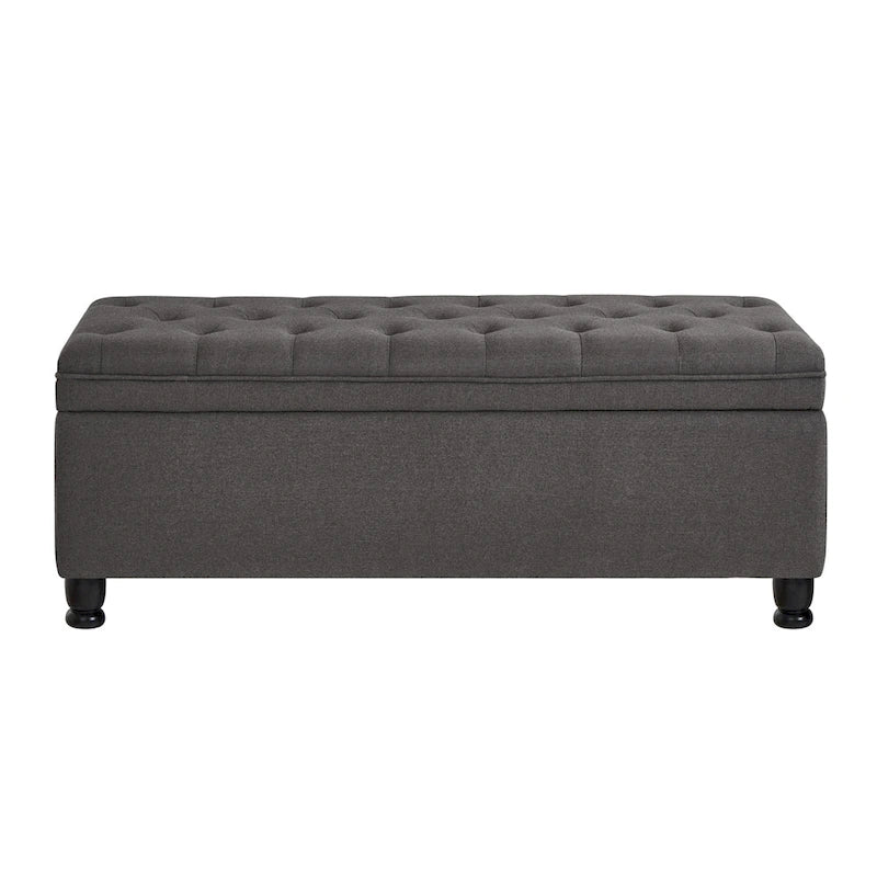 Banc de rangement capitonné avec couvercle à charnière et pieds tournés en bois