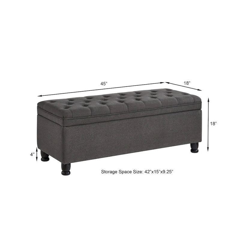 Banc de rangement capitonné avec couvercle à charnière et pieds tournés en bois