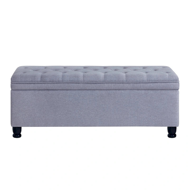 Banc de rangement capitonné avec couvercle à charnière et pieds tournés en bois
