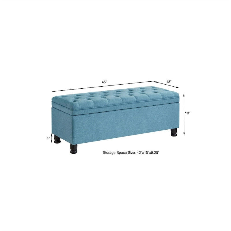 Banc de rangement capitonné avec couvercle à charnière et pieds tournés en bois