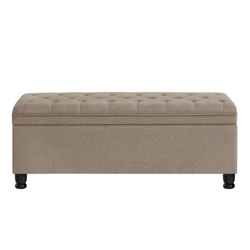 Banc de rangement capitonné avec couvercle à charnière et pieds tournés en bois