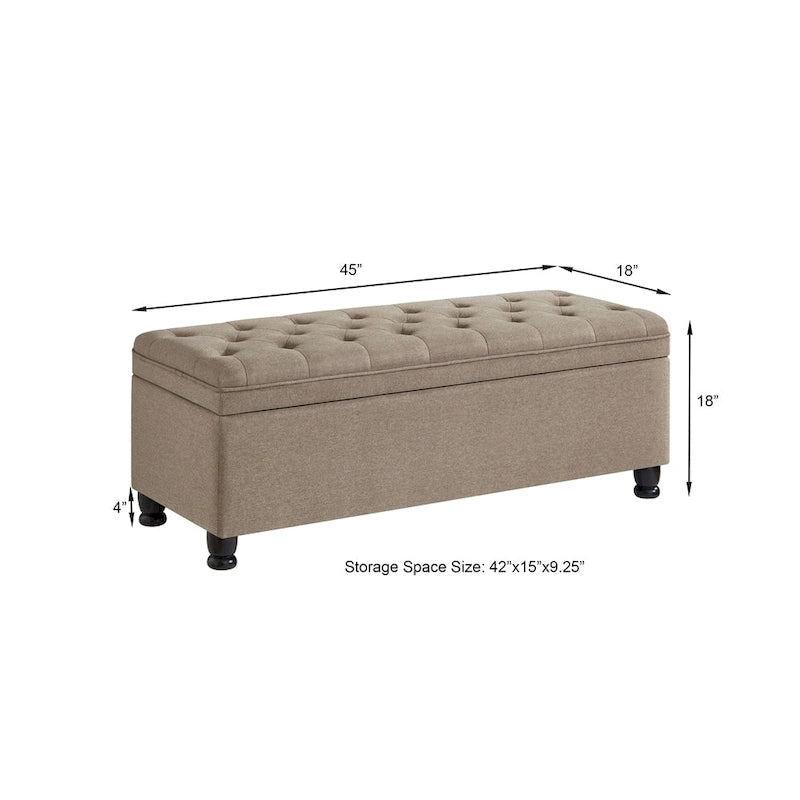 Banc de rangement capitonné avec couvercle à charnière et pieds tournés en bois