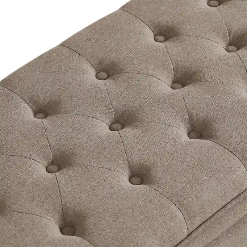 Banc de rangement capitonné avec couvercle à charnière et pieds tournés en bois
