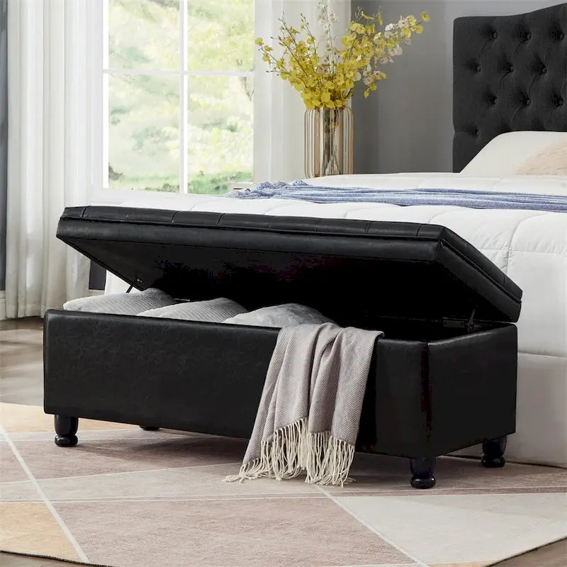 Banc de rangement capitonné avec couvercle à charnière et pieds tournés en bois