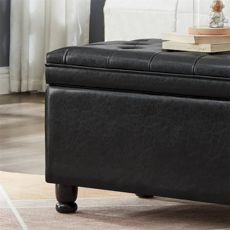 Banc de rangement capitonné avec couvercle à charnière et pieds tournés en bois