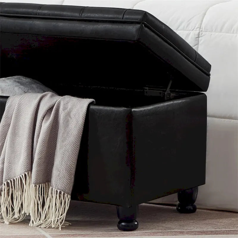 Banc de rangement capitonné avec couvercle à charnière et pieds tournés en bois